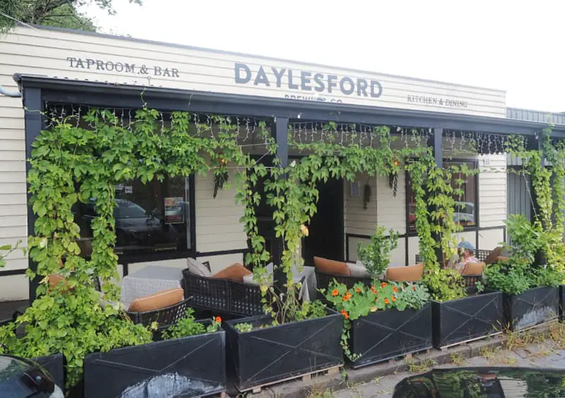 View of Daylesford Brewery outdoor seating area and verandah with green vines.