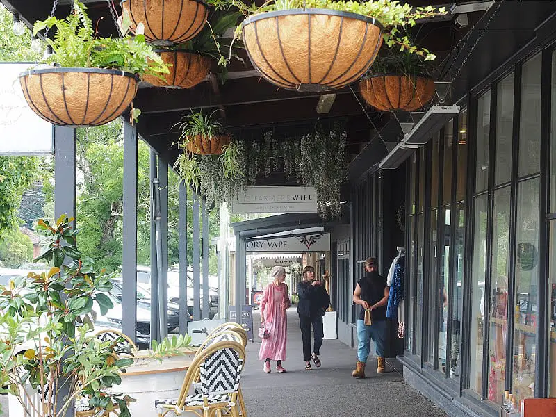 A street scene in Daylesford, Victoria showcasing pedestrians walking past local shops like 'The Farmer's Wife' under a veranda adorned with hanging fern baskets.