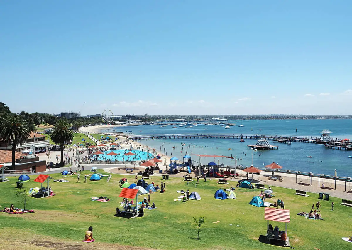 Crowds of people enjoying Eastern Beach Geelong on a hot summer's day.