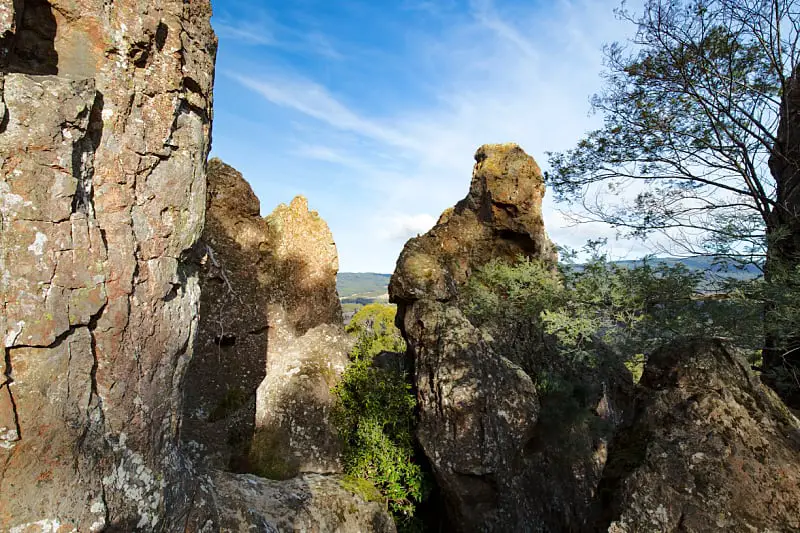 Rock outcrops against a blue sky at the Macedon Ranges in Victoria Australia.