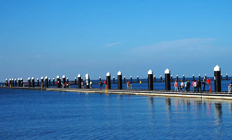 People strolling along the Wangim Walk at the Geelong foreshore on a clear blue day.