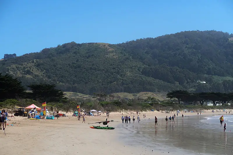 People enjoying the summer at Apollo Bay Beach in Victoria. There is a large green hill and trees in the background and red and yellow lifesaver flags on the beach.