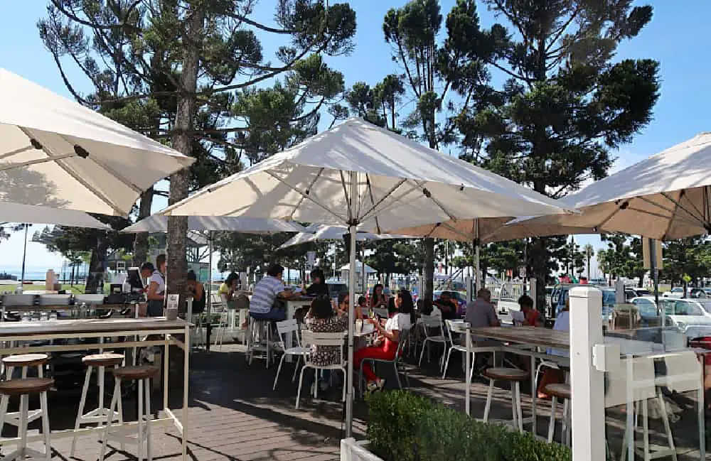 Patrons dining alfresco at one of the popular Geelong Waterfront cafes under white umbrellas surrounded by lush trees, with cars parked in the background under a clear blue sky.