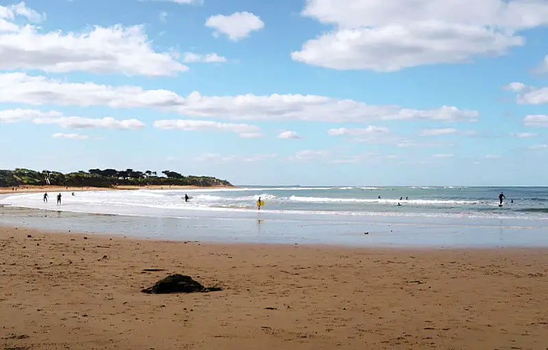 View of a Torquay beach with surfers scattered along the shore, the waves gently breaking in the background under a partly cloudy sky.