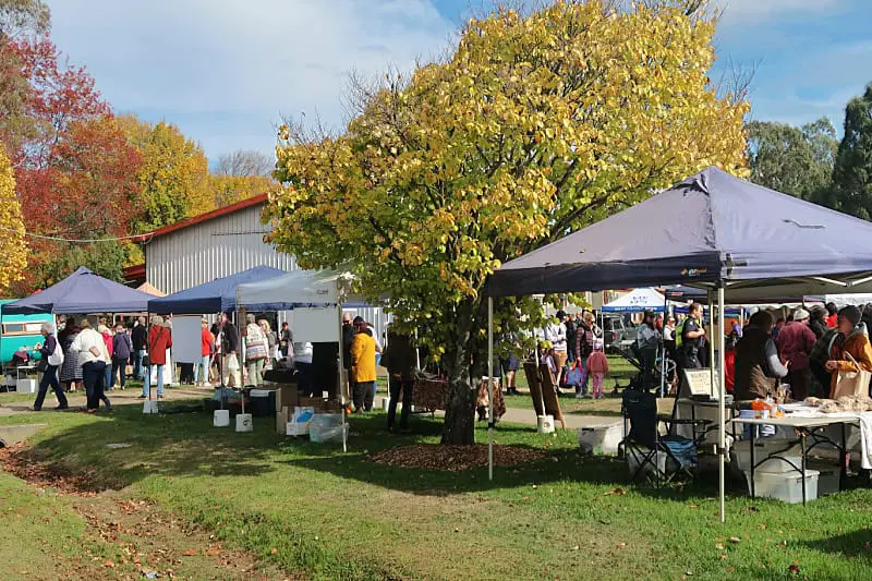 Visitors browse various stalls at the Woodend Farmers Market on a sunny autumn day. Colorful trees in shades of yellow and red enhance the lively atmosphere, with tents and tables displaying local produce and goods.