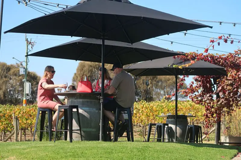 A group of people enjoying a sunny day at Nicol's Paddock, seated around a table under large black umbrellas, with lush vineyards in the background. 