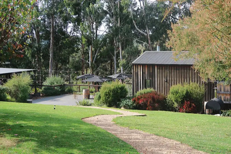 Lush green lawn leading to a rustic wooden cellar door at Wombat Forest Winery. A well-maintained garden with vibrant shrubs and a gravel path enhance the natural setting. In the background, tall eucalyptus trees tower over the area, with outdoor umbrellas and seating available for visitors. The peaceful outdoor setting is ideal for a relaxing day at the winery.