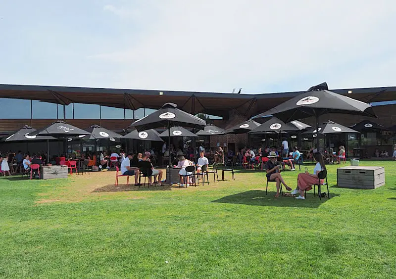 Outdoor seating area at Flying Brick Cider House and Yes Said The Seal cellar door. Visitors are relaxing on the grassy lawn under large black umbrellas on a sunny day.